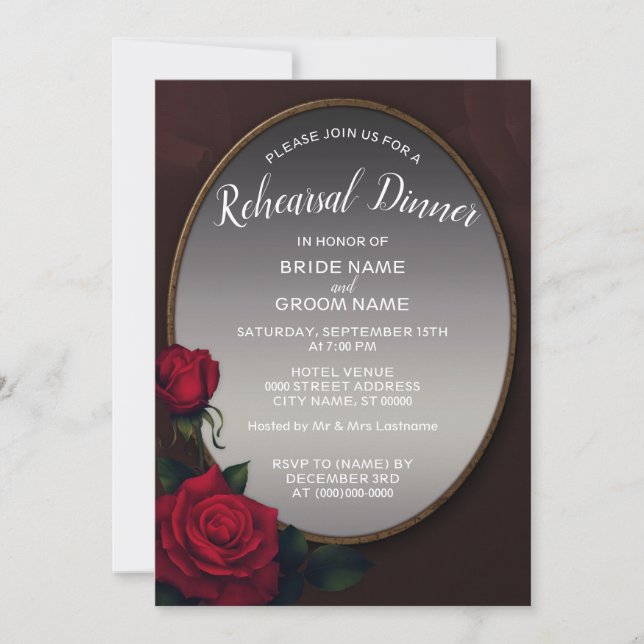 Red Floral Silver Grey Mirror Rehearsal Dinner Invitation (Front)