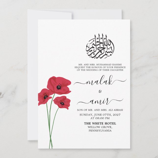 Red Floral Simple Black Islamic Muslim Wedding Invitation (Front)