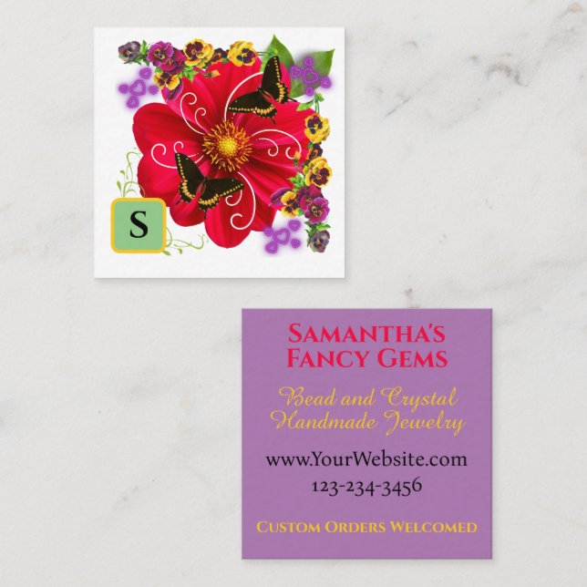 Red Floral Small Business Handmade Art Vendor  Square Business Card (Front/Back)