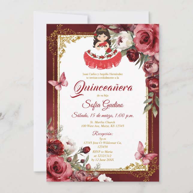 RED Floral Spanish Cute Girl Quinceañera Butterfly Invitation (Front)