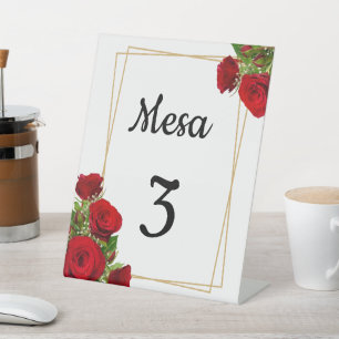 Red Floral Spanish Wedding Decor Table Number Pedestal Sign