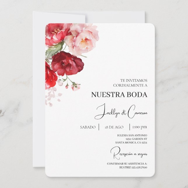 Red Floral Spanish Wedding Invitation (Front)