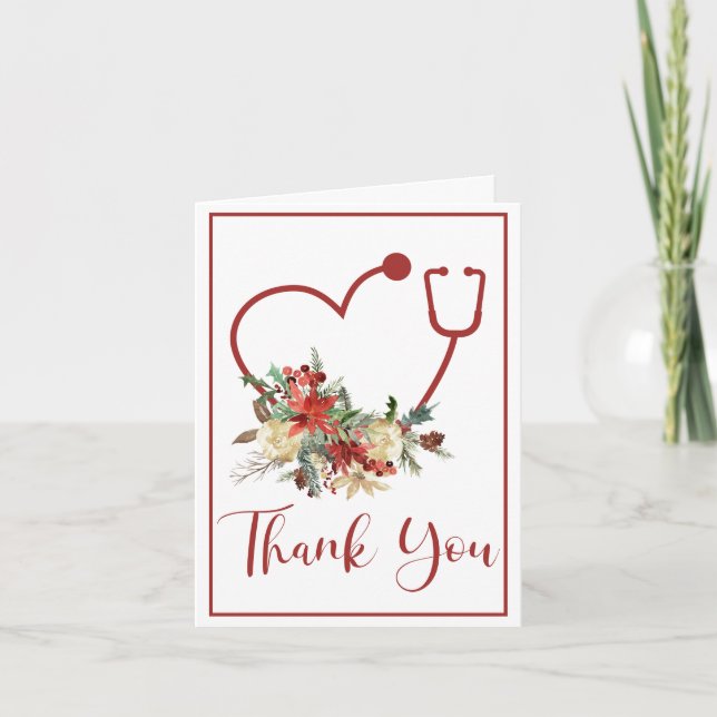 Red Floral Stethoscope Heart Christmas Thank You (Front)