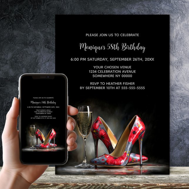 Red Floral Stiletto Shoes Birthday Party Invitation (Creator Uploaded)