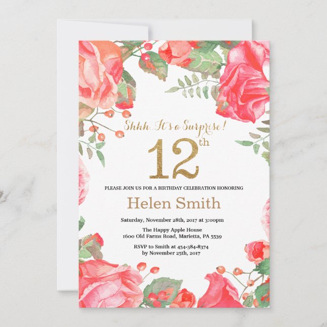 Red Floral Surprise 12th Birthday Gold Glitter Invitation (Front)