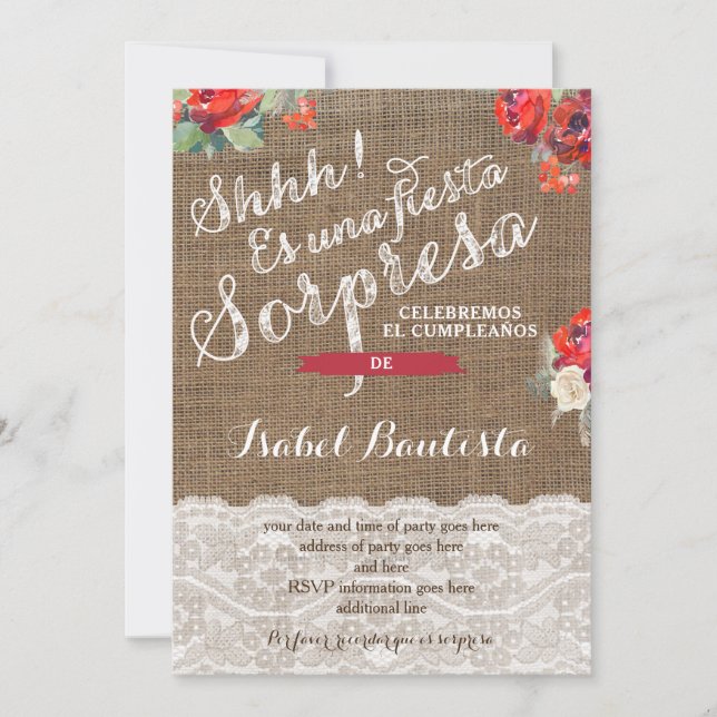 Red Floral Surprise Party Invites in Spanish (Front)