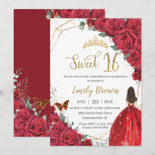 Red Floral Sweet Sixteen Birthday Princess Crown  Invitation