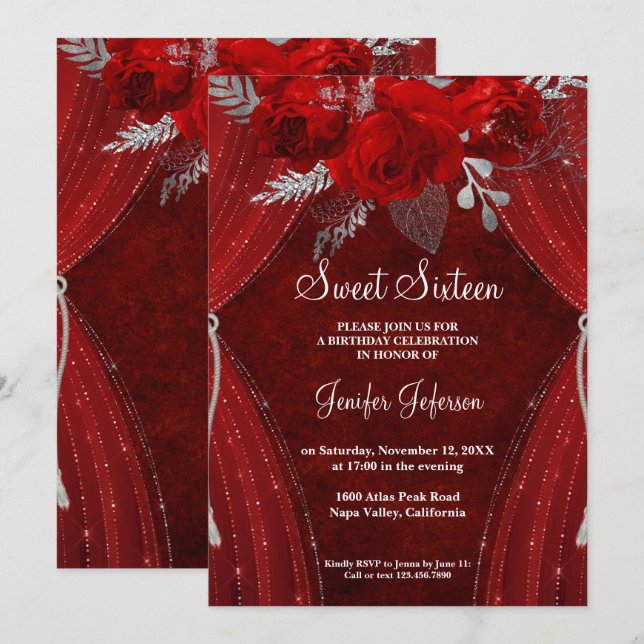Red floral Sweet Sixteen Invitation (Front/Back)