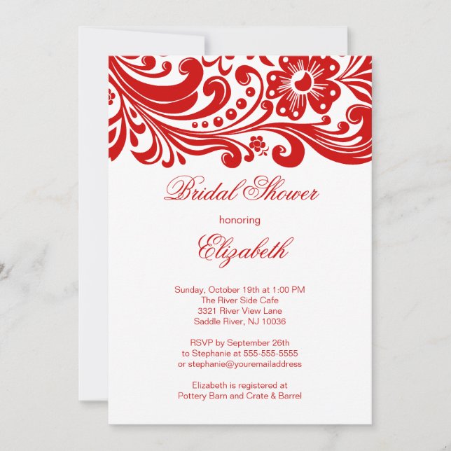 Red Floral Swirl Bridal Shower Invitation Formal (Front)