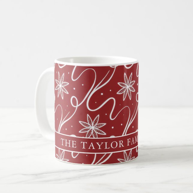 Red Floral Swirl Christmas Family Name Coffee Mug (Front Left)