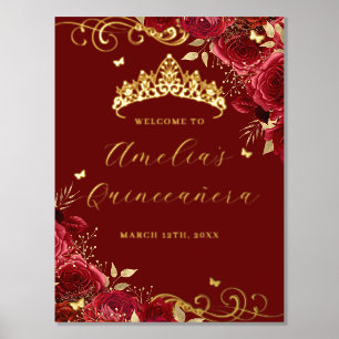 Red Floral Swirl Foil Quinceanera Welcome Sign 