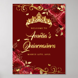 Red Floral Swirl Quinceanera Welcome Sign Gold  