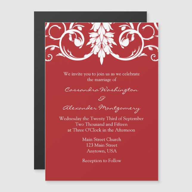Red Floral Swirls Magnetic Wedding Invites (Front/Back)