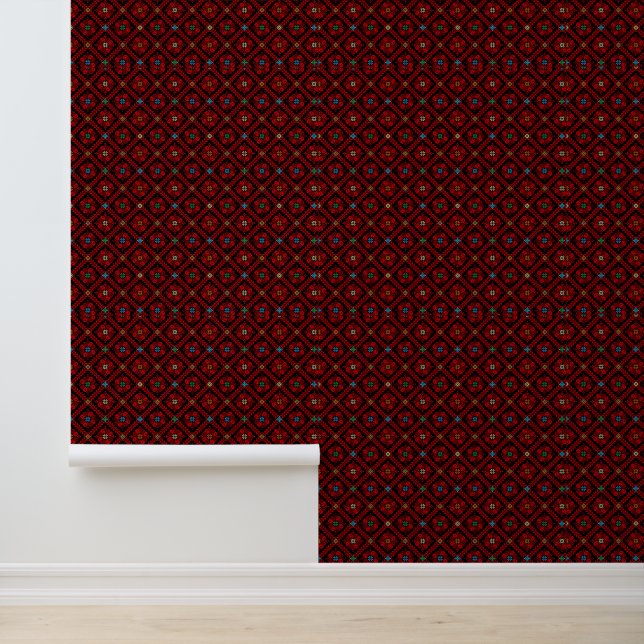 Red  Floral Tatreez Pattern Henna Falastin Wallpaper (Application)