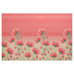 Red Floral Textile Geometric Poppy Print Fabric