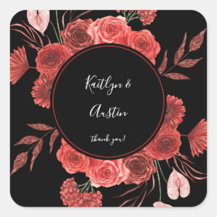 Red Floral Thank You - Black Square Sticker