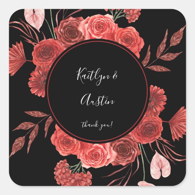 Red Floral Thank You - Black Square Sticker (Front)