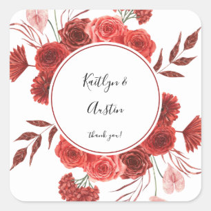 Red Floral Thank You Square Sticker