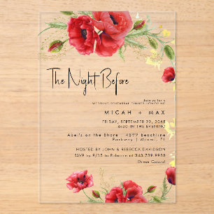 Red Floral The Night Before Rehearsal Dinner Acrylic Invitations