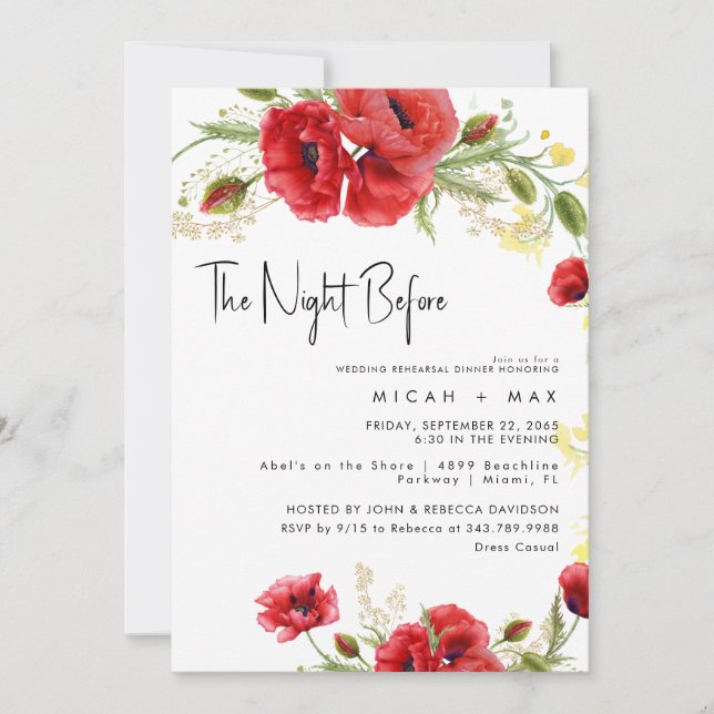 Red Floral The Night Before Rehearsal Dinner Invitation (Front)
