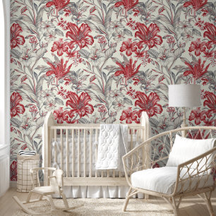 Red Floral Toile Vintage Elegant Wallpaper