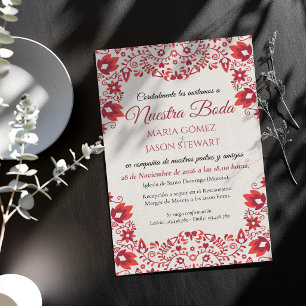 Red Floral Traditional Folk Art Spanish Wedding Invitation
