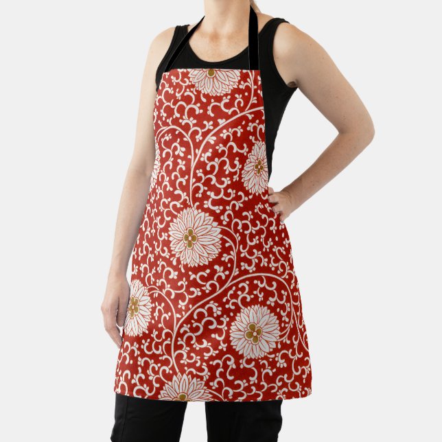 Red Floral Vibrant Ornate Classic Pattern Apron (Insitu)