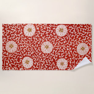 Red Floral Vibrant Ornate Classic Pattern Beach Towel