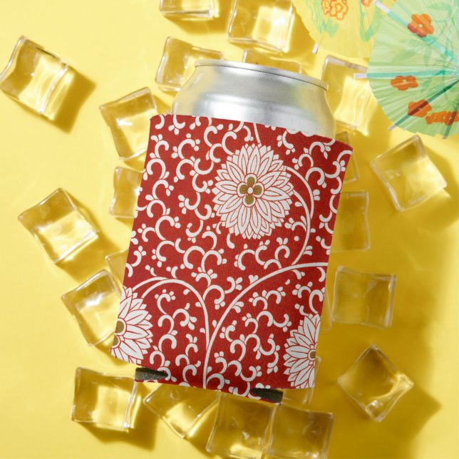 Red Floral Vibrant Ornate Classic Pattern Can Cooler (In Situ Summer)