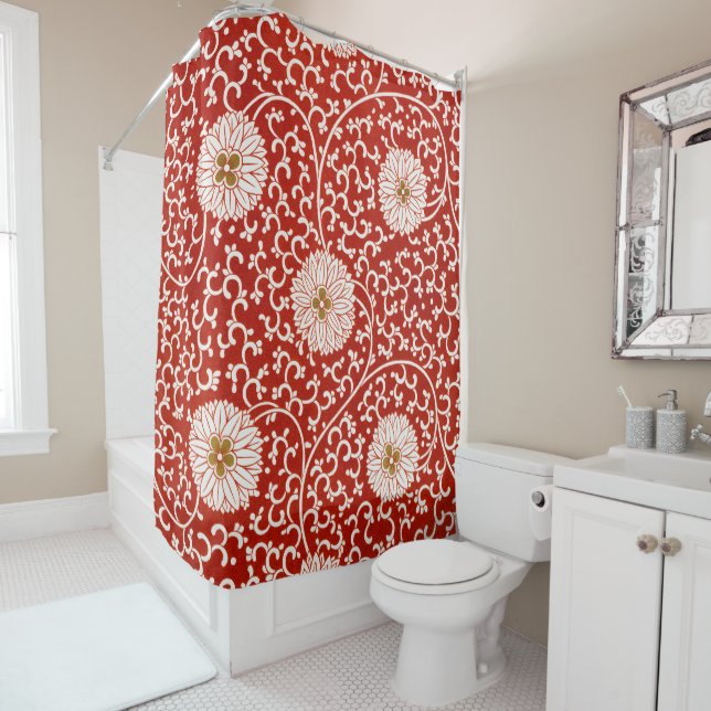 Red Floral Vibrant Ornate Classic Pattern Shower Curtain (In Situ)