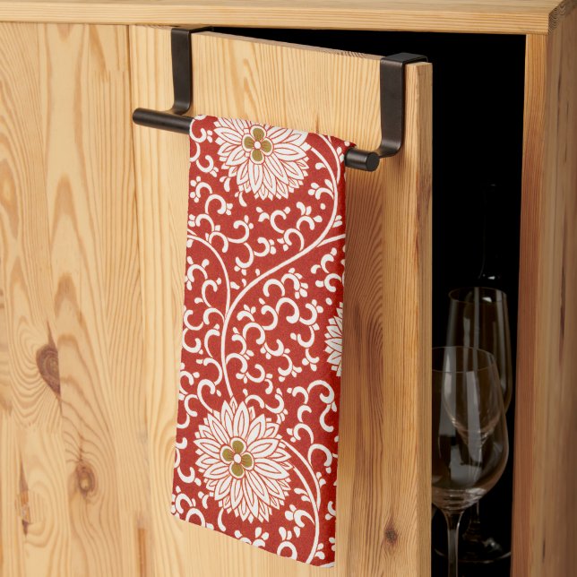 Red Floral Vibrant Ornate Classic Pattern Tea Towel (Thirds Fold)