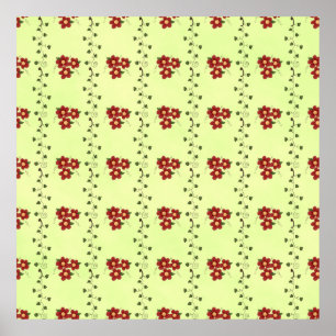 Red Floral Vine Pattern on Light Green Poster