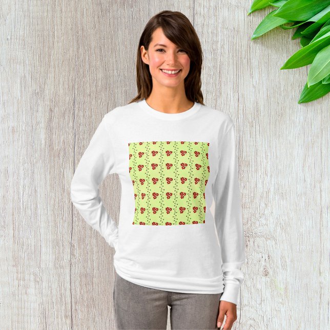 Red Floral Vine Pattern on Light Green T-Shirt (Creator Uploaded)
