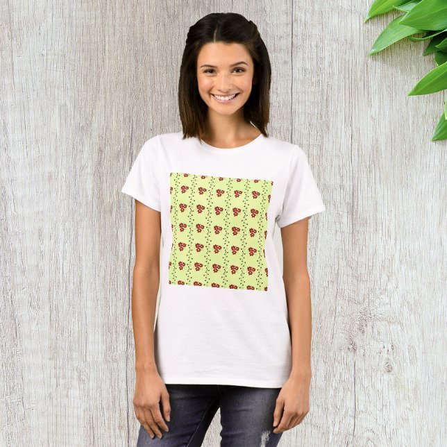 Red Floral Vine Pattern on Light Green T-Shirt (Creator Uploaded)