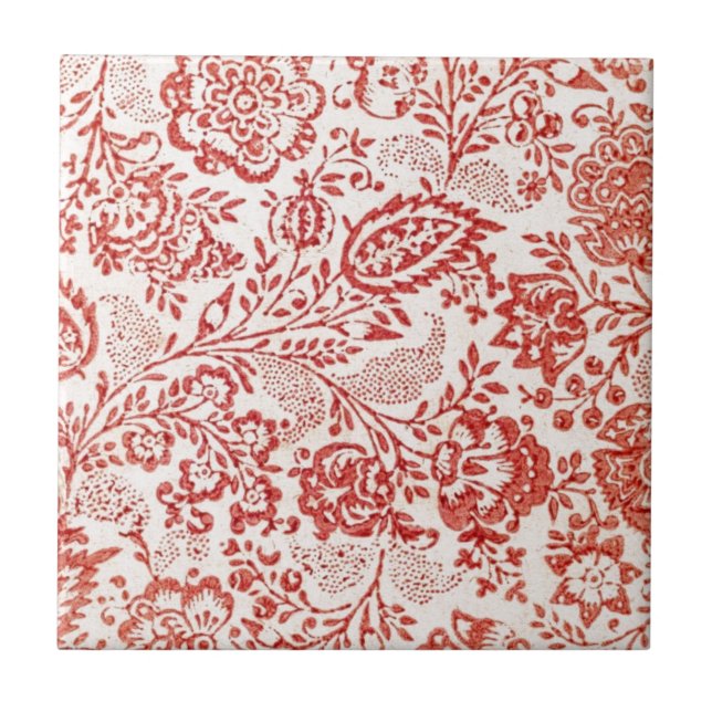 Red Floral Vintage Textile Pattern Tile (Front)
