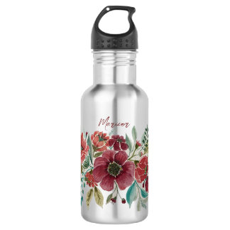 Red Floral Water Bottle