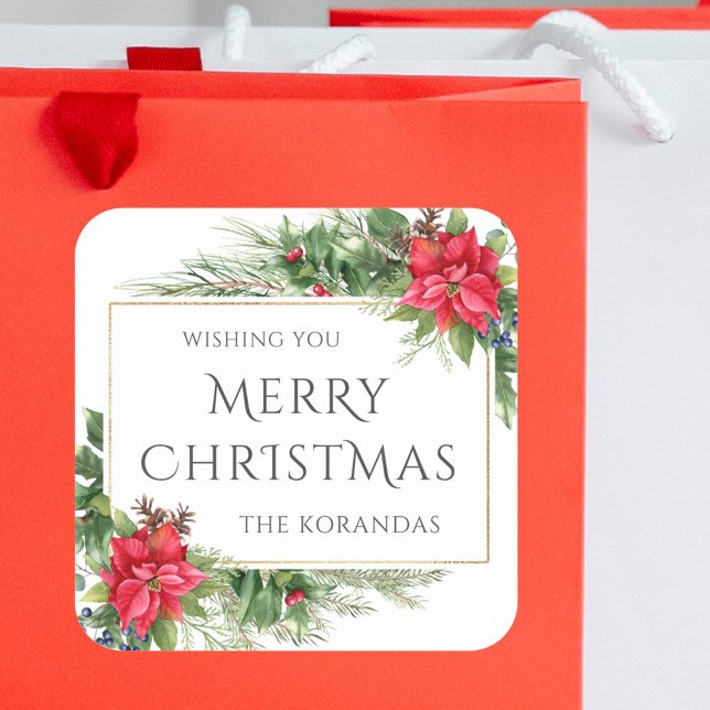 Red Floral Watercolor Christmas Holiday Square Sticker (Creator Uploaded)