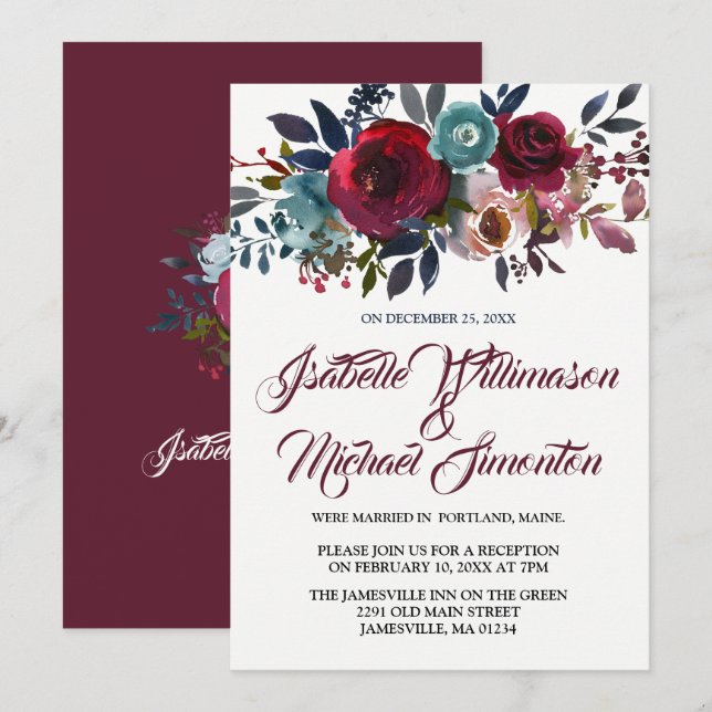 Red Floral Watercolor Elopement Reception Card (Front/Back)