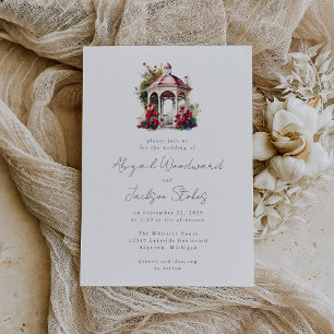 Red Floral Watercolor Gazebo Wedding Invitation