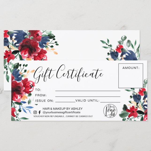 Red floral watercolor gift certificate logo (Front/Back)