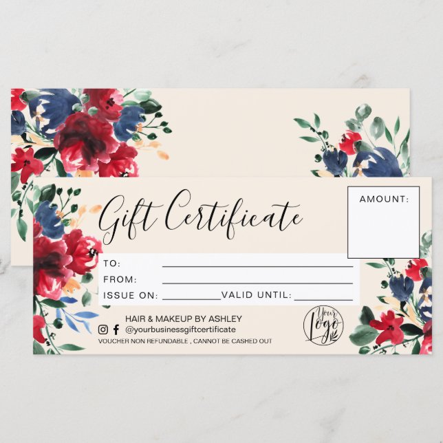 Red floral watercolor gift certificate logo ivory (Front/Back)