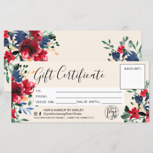 Red floral watercolor gift certificate logo ivory