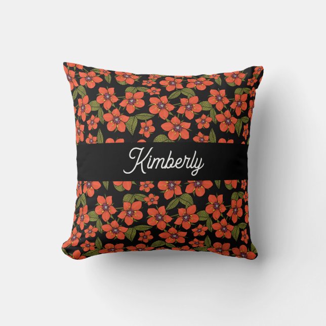 Red floral Watercolor Monogram Name Cushion (Front)