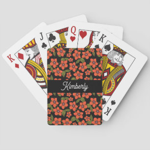 Red Floral Watercolor Monogram Name Playing Cards