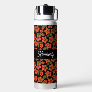 Red Floral Watercolor Monogram Name Water Bottle