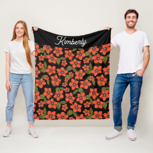 Red Floral Watercolor Name Fleece Blanket