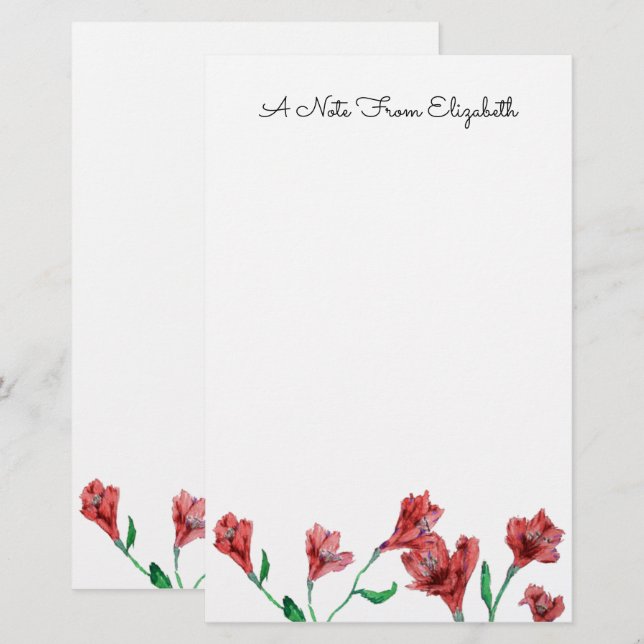 Red Floral Watercolor Personalised Stationery (Front/Back)