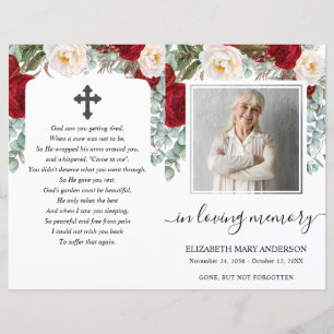 Red Floral Watercolor Photo Funeral Full Program