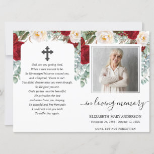 Red Floral Watercolor Photo Funeral Full Program Invitation