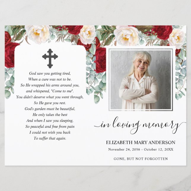 Red Floral Watercolor Photo Funeral Program (Front)